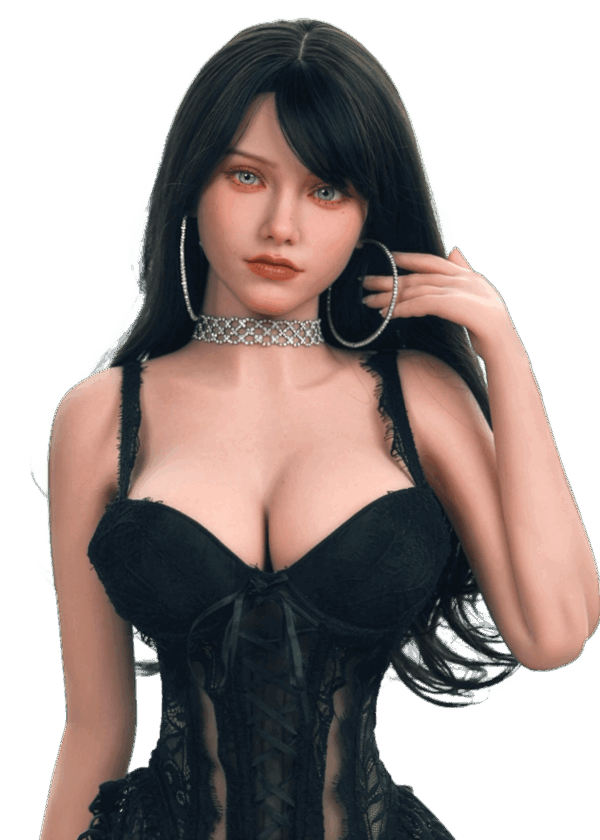 Realistische TPE Sexpuppe DutchDoll Alexis 159 cm mit raven-schwarzen Haaren, blauen Augen, Gel-Brüsten und schlanker Sanduhrfigur, lebensechte Puppe mit weicher Haut.