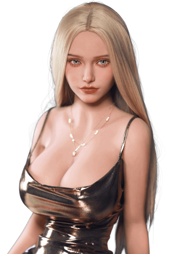 Realistische TPE Sexpuppe DutchDoll Mia 159 cm mit hellblonden Haaren, klarblauen Augen, E-Cup-Gel-Brüsten und üppiger Sanduhrfigur.