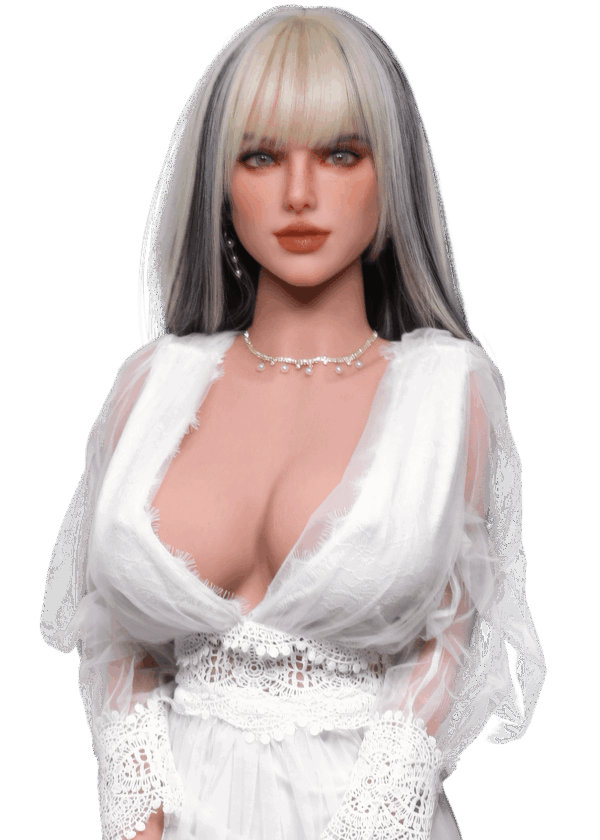 Realistische TPE-Sexpuppe DutchDoll Tiana 159 cm mit hellblondem Haar, großen Gelbrüsten und weiblichen Kurven, lebensechte Sexpuppe mit weicher Haut.