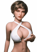 Realistische TPE Sexpuppe DutchDoll Kate 159 cm mit kurzem braunen Haar, großen Gel-Brüsten und voluminöser Sanduhrfigur, lebensechte Puppe mit natürlichem Look.