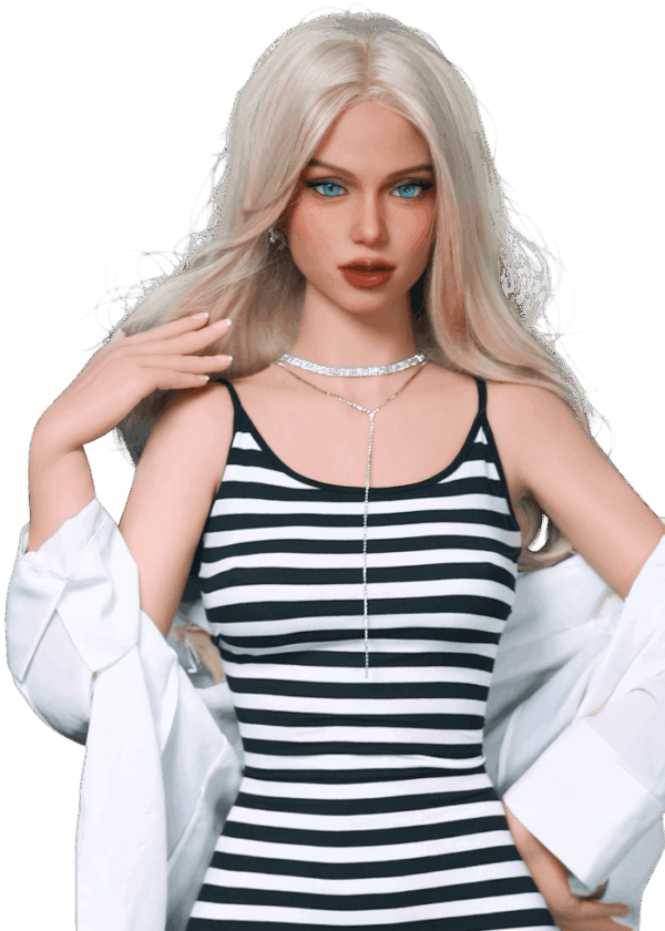 Realistische TPE Sexpuppe DutchDoll Hannah 161 cm mit blondem Haar, hellblauen Augen, Gel-Brüsten und weiblicher Figur, lebensechte Puppe mit weicher Haut.