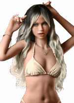 Realistische TPE Sexpuppe DutchDoll Chloe 161 cm mit hellbraun-goldenem Haar, braunen Augen, Gel-Brüsten und üppigen Rundungen, lebensechte Puppe mit weicher Haut.