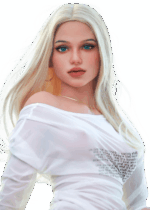 Realistische TPE Sexpuppe DutchDoll Sara 158 cm mit hellblonden Haaren, grünen Augen, weicher Haut und flexiblem EVO+ Skelett für natürliche Bewegungen.