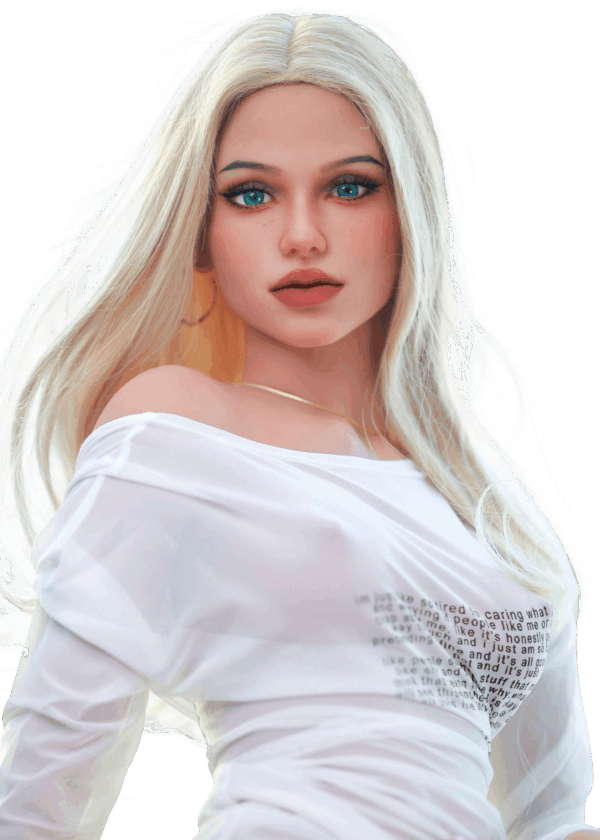 Realistische TPE Sexpuppe DutchDoll Sara 158 cm mit hellblonden Haaren, grünen Augen, weicher Haut und flexiblem EVO+ Skelett für natürliche Bewegungen.