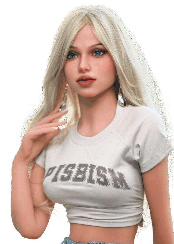 Realistische TPE Sexpuppe DutchDoll Lilly 158 cm mit blondem Haar, weicher Haut, schlanker Figur und dezenten Rundungen, lebensechte Puppe mit EVO+ Skelett und beweglichem Kiefer.