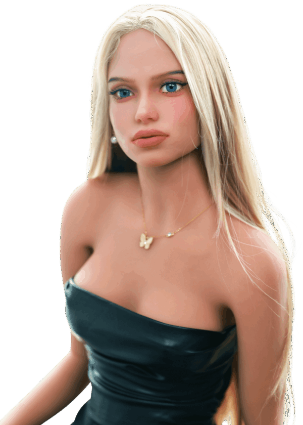 Realistische TPE Sexpuppe DutchDoll Sophie 158 cm mit langem blondem Haar, tiefblauen Augen und schlanker Figur, lebensechte Puppe mit weicher Haut und EVO+ Skelett.