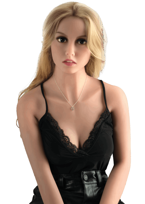 Realistische TPE Sexpuppe DutchDoll Ava mit langem blondem Haar, klarblauen Augen und schlanker weiblicher Figur, lebensechte Puppe mit weicher Haut.