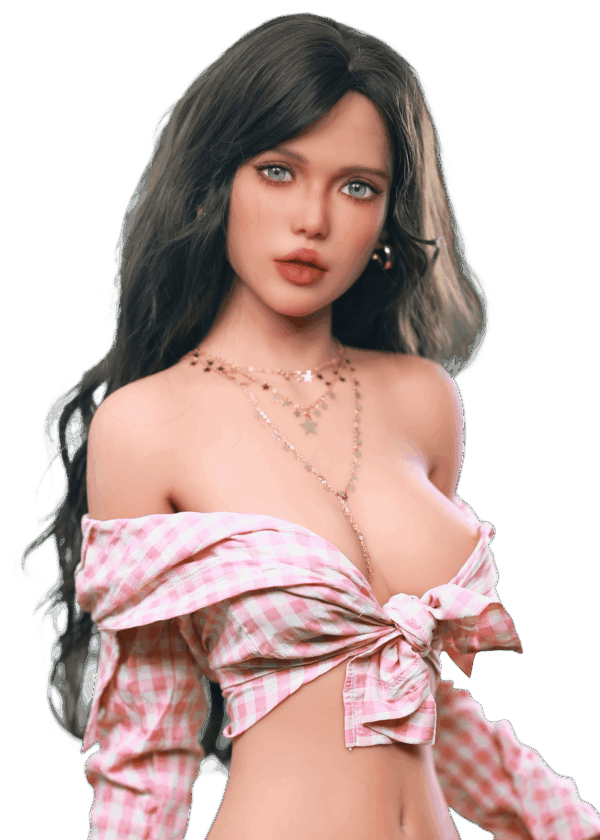 Realistische TPE Sexpuppe Firedoll Zoey 157 cm mit dunkelbraunen Haaren, tiefblauen Augen und sinnlicher schlanker Figur, lebensechte Puppe mit verführerischer Ausstrahlung.