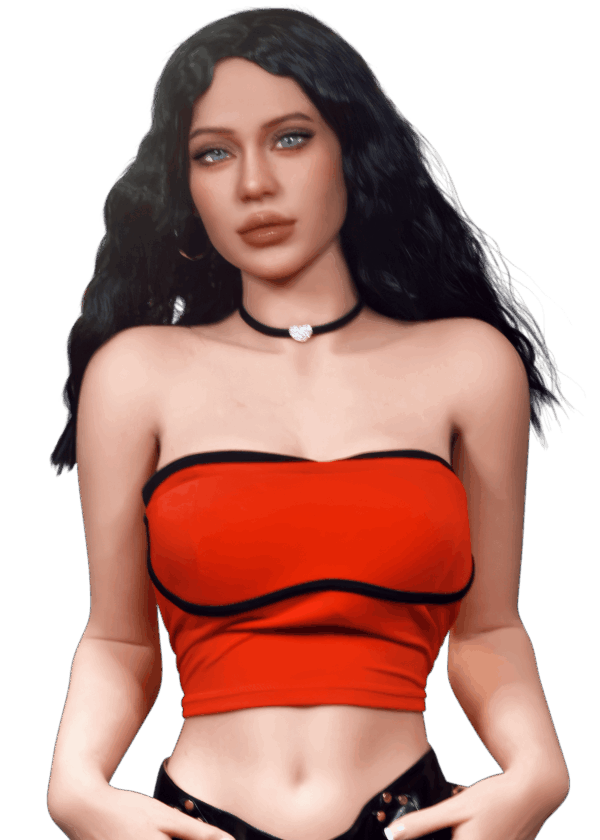 Realistische TPE Sexpuppe Firedoll Sasha 166 cm mit dunklen Haaren, schlankem Körper, langen Beinen und Gel-Brüsten, lebensechte Puppe mit feinen Gesichtszügen und verführerischem Blick.