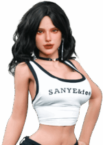 Realistische TPE Sexpuppe Firedoll Misty 162 cm mit dunkelbraunen, welligen Haaren, vollen Hüften und Gel-Brüsten, lebensechte Puppe mit weiblichen Kurven und verführerischem Look.