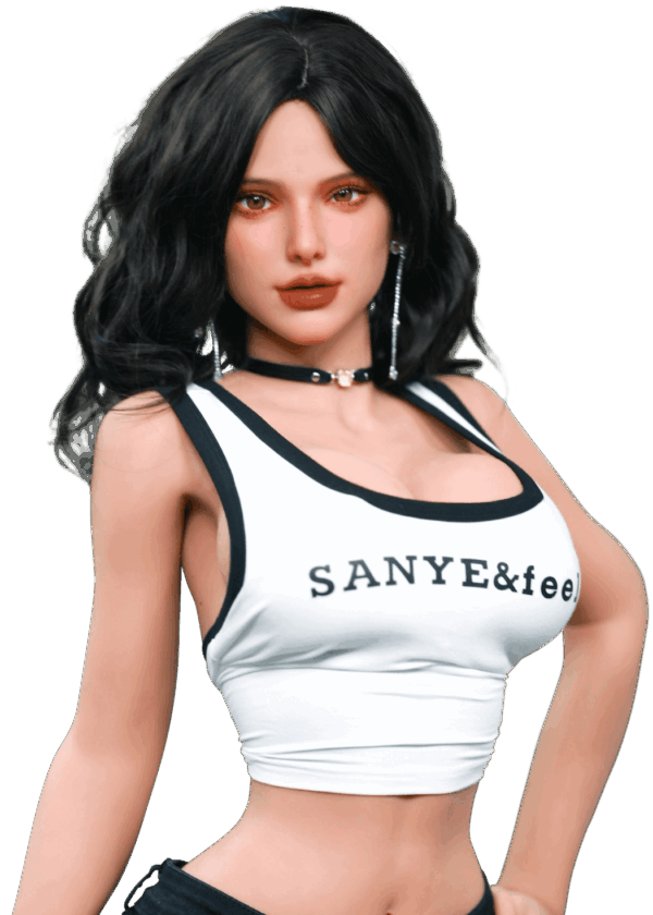 Realistische TPE Sexpuppe Firedoll Misty 162 cm mit dunkelbraunen, welligen Haaren, vollen Hüften und Gel-Brüsten, lebensechte Puppe mit weiblichen Kurven und verführerischem Look.