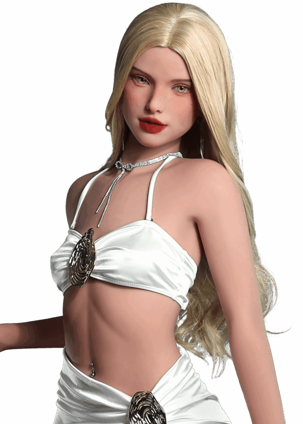 Realistische TPE Sexpuppe DutchDoll Celina 165 cm mit blondem Haar, vollen weiblichen Kurven, Gel-Brüsten und natürlichem Look, lebensechte Puppe mit weicher Hauttextur.