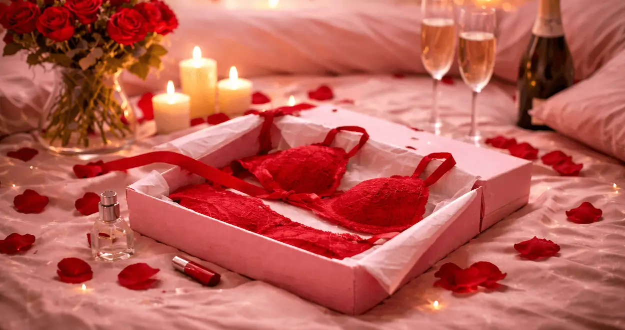 Valentinstagsstimmung mit Dessous-Set im Bett mit Rosenblättern